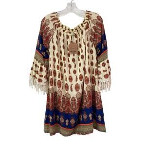 NWT Kori America Bohemian Off The Shoulder Mini Dress Fringe Sleeves Sz S Resort